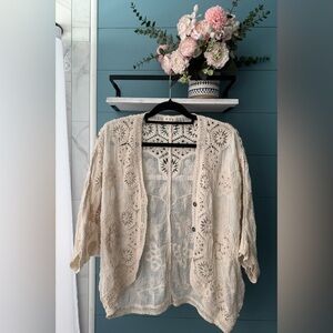 POL Crochet Cotton Cardigan Natural White Button-Up Top OS